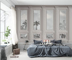 Panelled Palm Window Wallpaper : Grey Classic Moulding Mural
