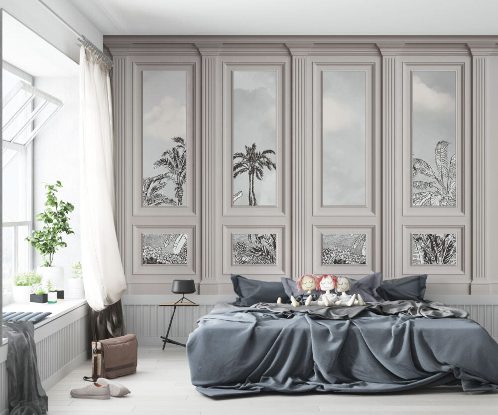 Panelled Palm Window Wallpaper : Grey Classic Moulding Mural