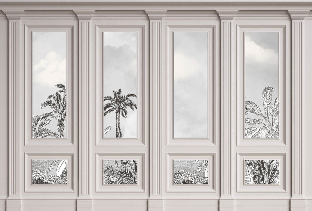 Panelled Palm Window Wallpaper : Grey Classic Moulding Mural - flat design