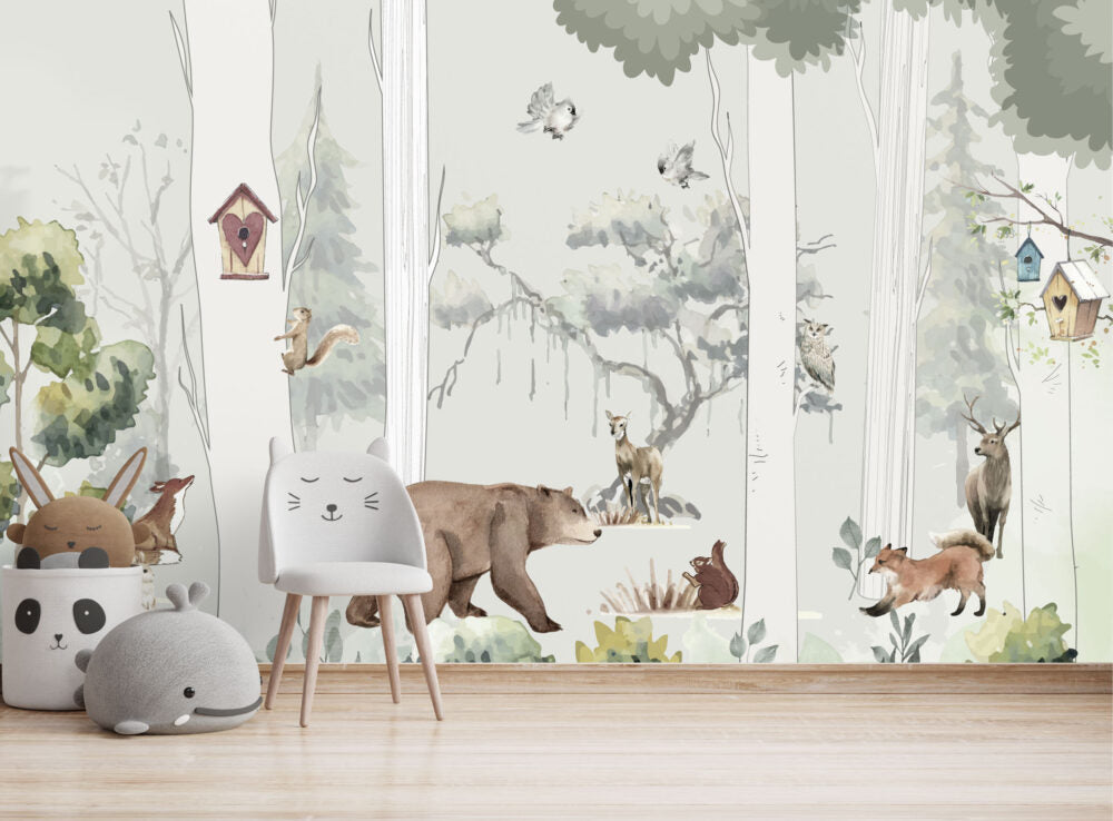 Woodland Animals Kids Wallpaper : Watercolor Forest Mural