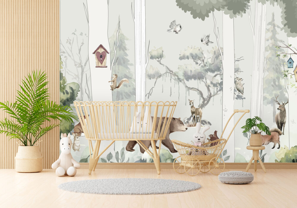 Woodland Animals Kids Wallpaper : Watercolor Forest Mural - View 3