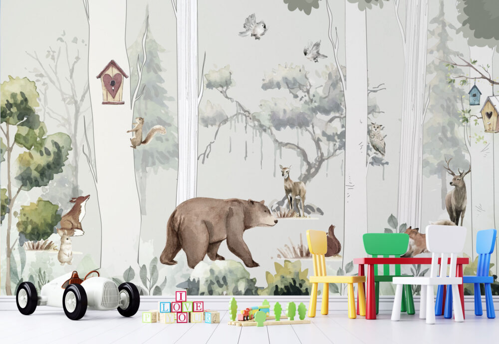 Woodland Animals Kids Wallpaper : Watercolor Forest Mural - View 2