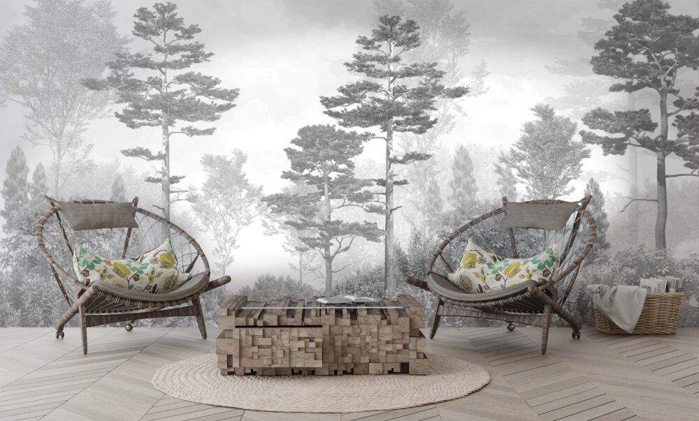 Misty Pine Forest Wallpaper : Grey Monochrome Landscape Mural - View 2