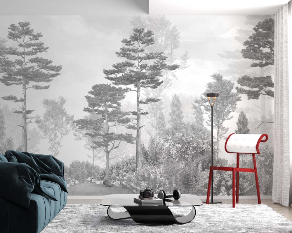 Misty Pine Forest Wallpaper : Grey Monochrome Landscape Mural - View 3