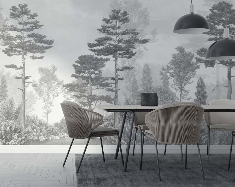 Misty Pine Forest Wallpaper : Grey Monochrome Landscape Mural