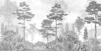 Misty Pine Forest Wallpaper : Grey Monochrome Landscape Mural - flat design