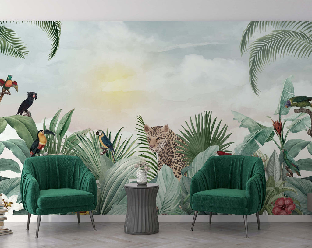 Leopard Jungle Wallpaper : Tropical Birds Mural - View 2