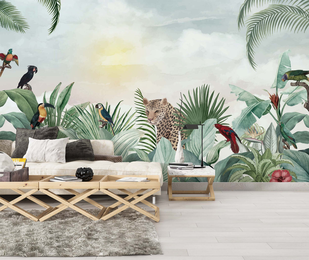 Leopard Jungle Wallpaper : Tropical Birds Mural - View 3