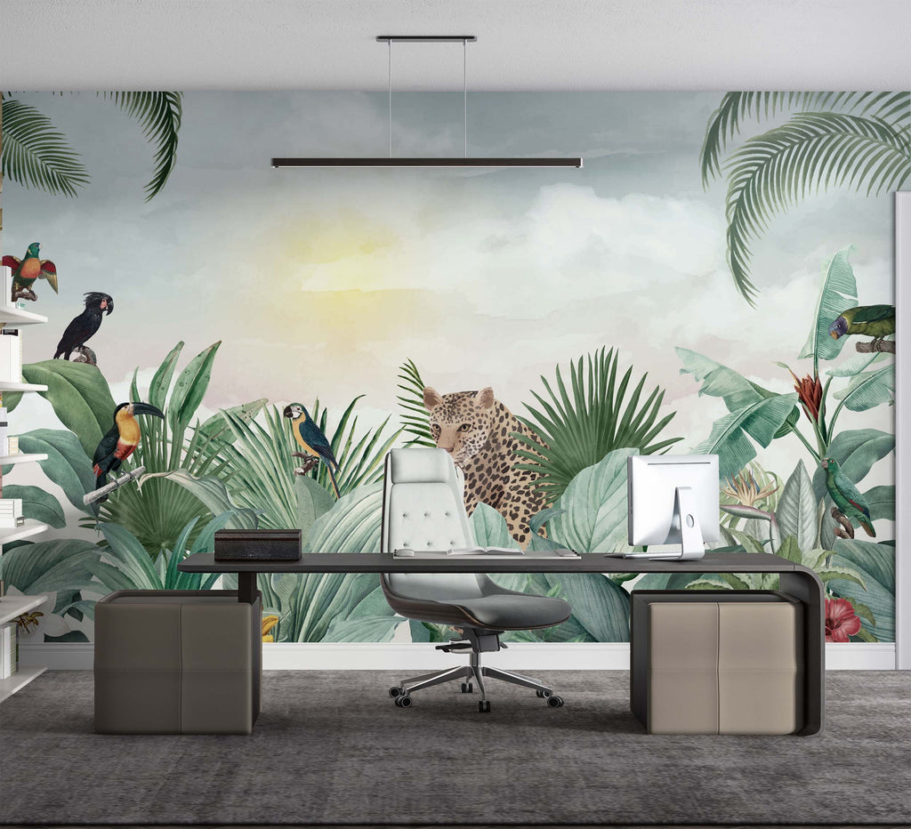 Leopard Jungle Wallpaper : Tropical Birds Mural