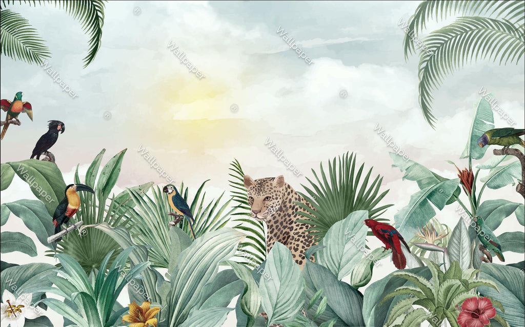 Leopard Jungle Wallpaper : Tropical Birds Mural - flat design