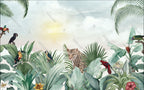 Leopard Jungle Wallpaper : Tropical Birds Mural - flat design