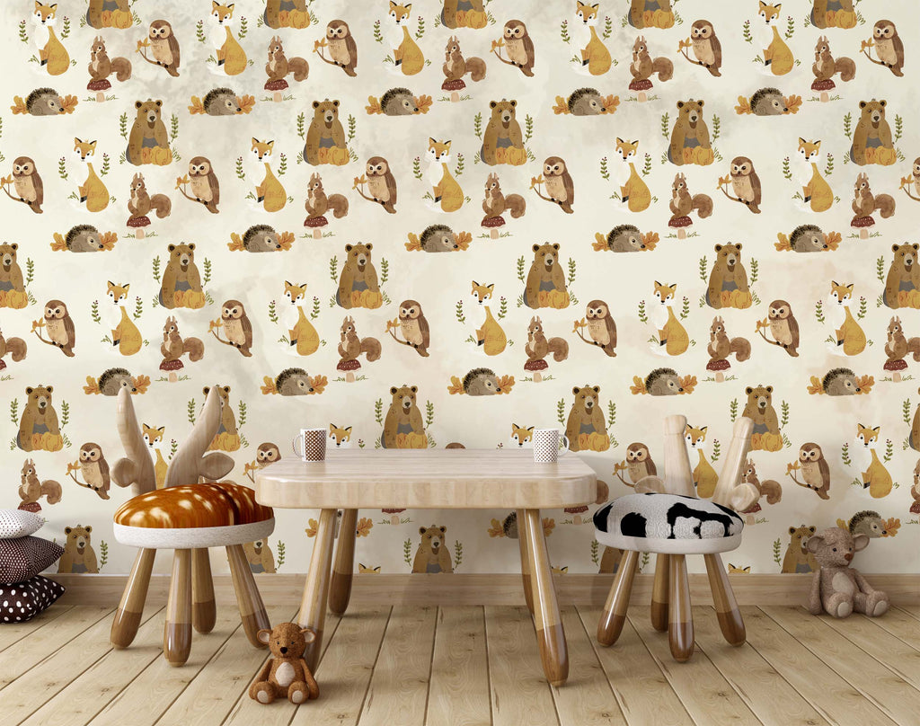 Woodland Animals Wallpaper : Beige Fox Owl Pattern - View 2