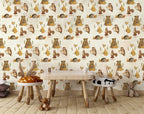 Woodland Animals Wallpaper : Beige Fox Owl Pattern - View 2