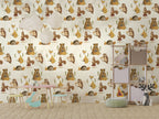 Woodland Animals Wallpaper : Beige Fox Owl Pattern