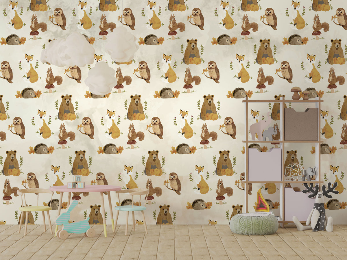 Woodland Animals Wallpaper : Beige Fox Owl Pattern