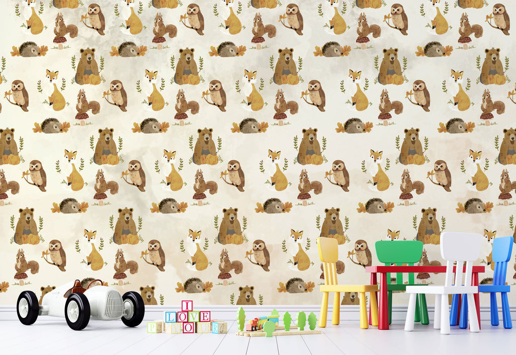 Woodland Animals Wallpaper : Beige Fox Owl Pattern - View 3