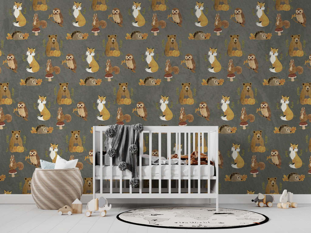 Grey Woodland Animals Wallpaper : Fox Owl Pattern