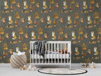 Grey Woodland Animals Wallpaper : Fox Owl Pattern