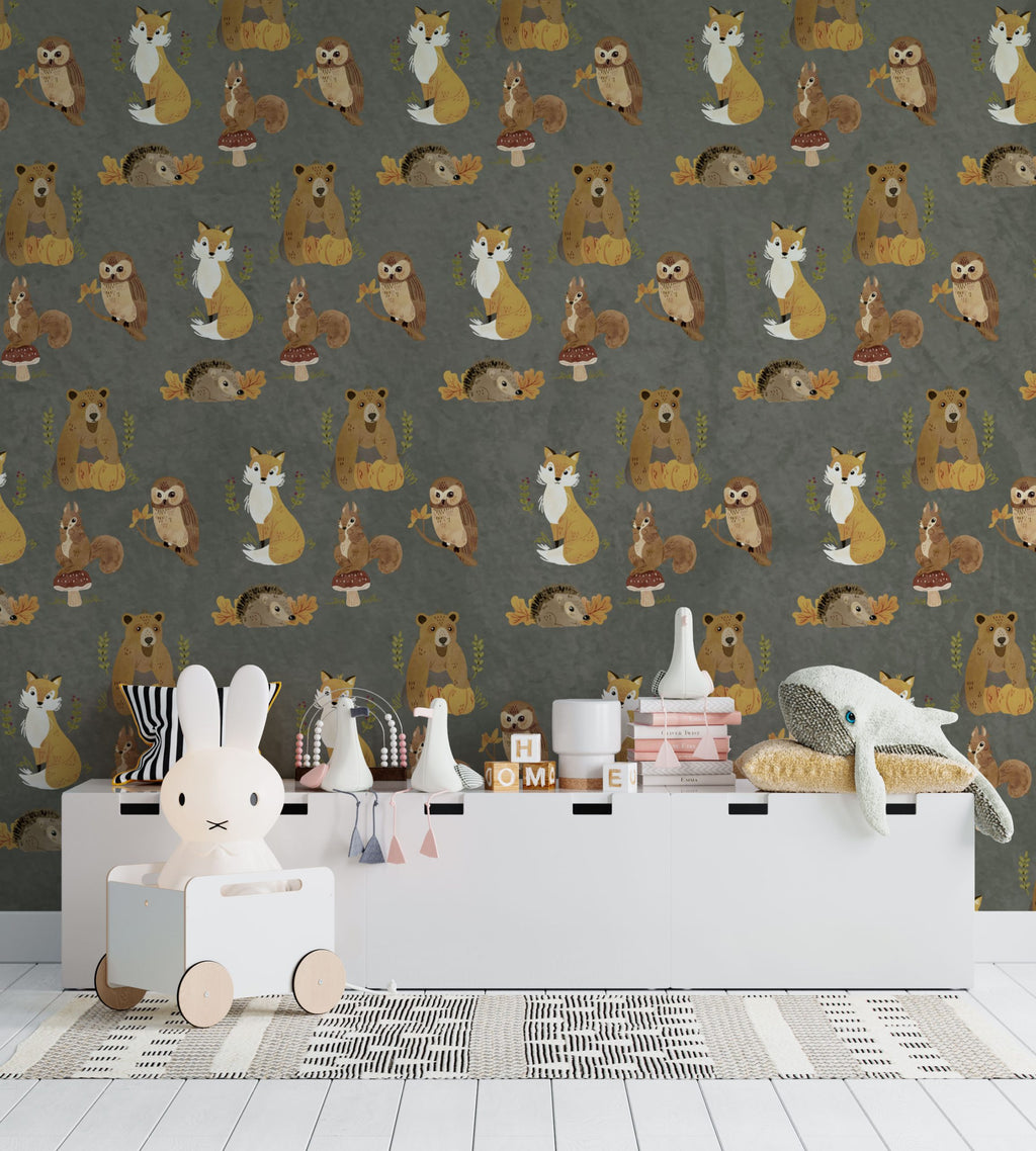 Grey Woodland Animals Wallpaper : Fox Owl Pattern - View 3