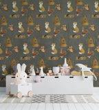 Grey Woodland Animals Wallpaper : Fox Owl Pattern - View 3