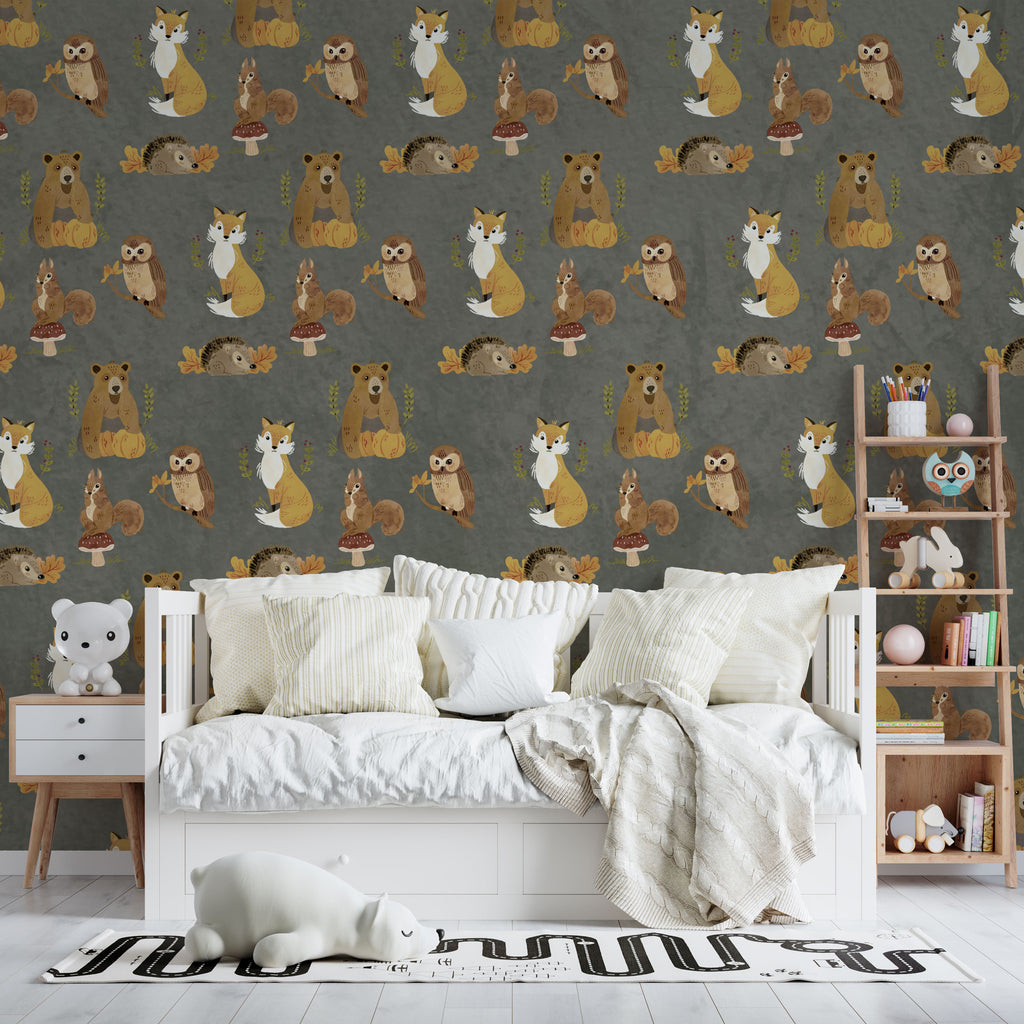 Grey Woodland Animals Wallpaper : Fox Owl Pattern - View 4