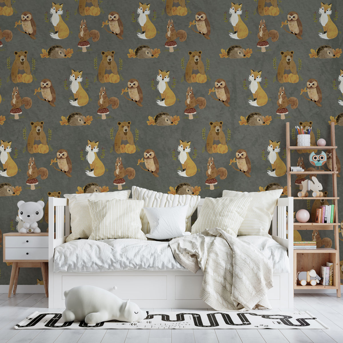 Grey Woodland Animals Wallpaper : Fox Owl Pattern - View 4