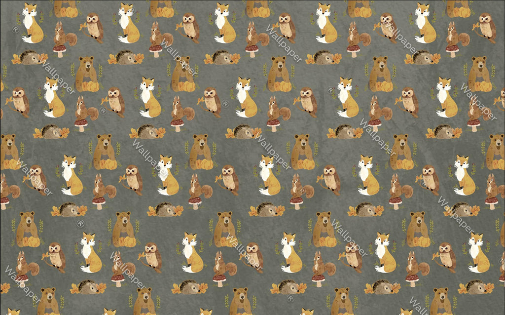 Grey Woodland Animals Wallpaper : Fox Owl Pattern - View 2