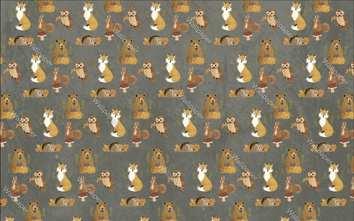 Grey Woodland Animals Wallpaper : Fox Owl Pattern - View 2