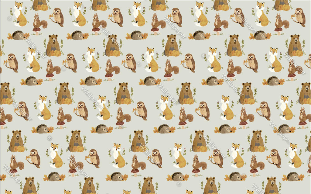 Woodland Animals Wallpaper : Beige Fox Owl Pattern - flat design