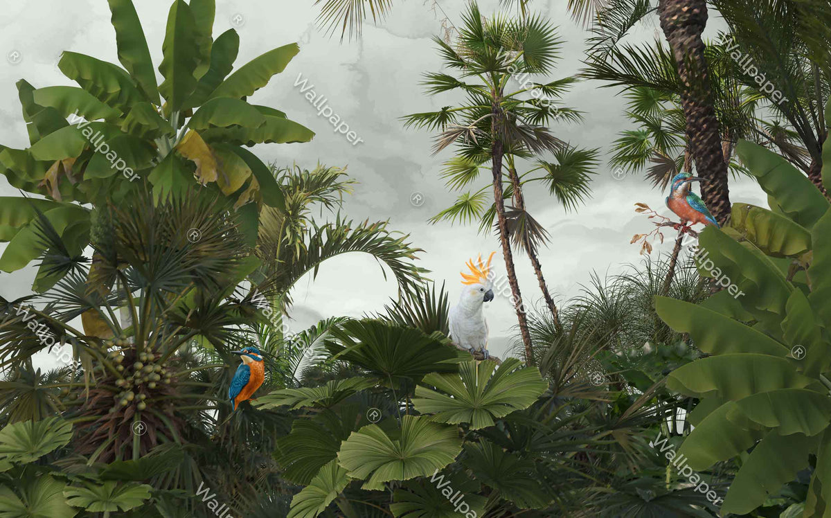 Tropical Jungle Wallpaper : Cockatoo Palm Forest Mural - View 2