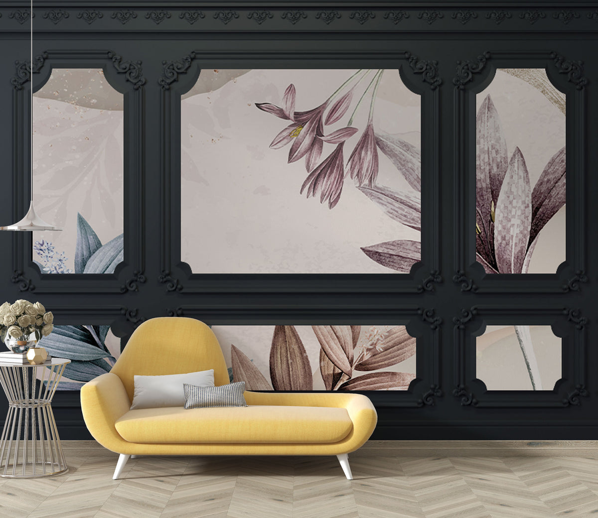 Framed Snowdrop Wallpaper : Classic Panel Floral Mural - View 3