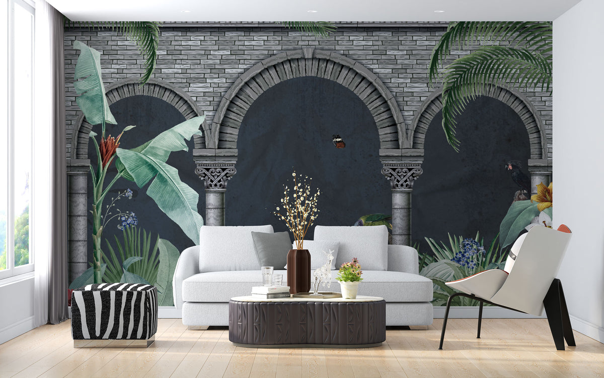 Jungle Arches Wallpaper : Stone Columns Tropical Mural - View 4