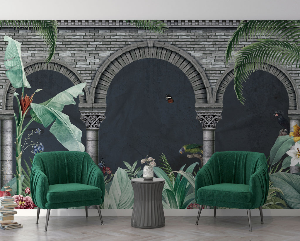 Jungle Arches Wallpaper : Stone Columns Tropical Mural - View 3