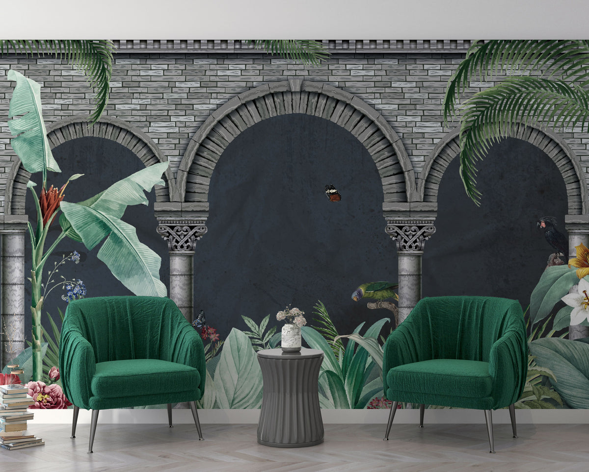 Jungle Arches Wallpaper : Stone Columns Tropical Mural - View 3