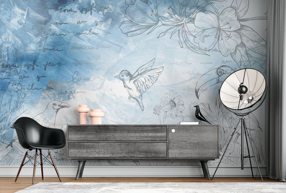 Blue Sketch Birds Wallpaper : Tropical Line Art Mural - View 3