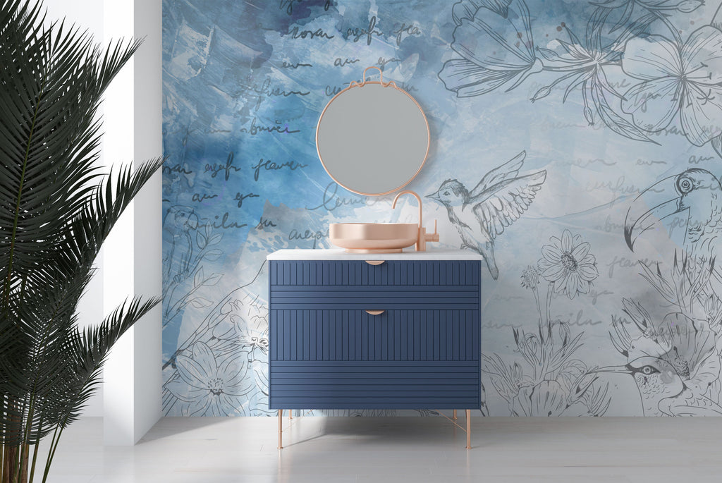 Blue Sketch Birds Wallpaper : Tropical Line Art Mural - View 2