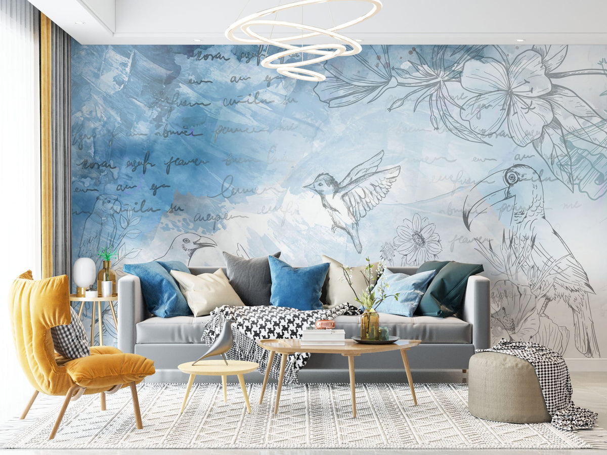 Blue Sketch Birds Wallpaper : Tropical Line Art Mural