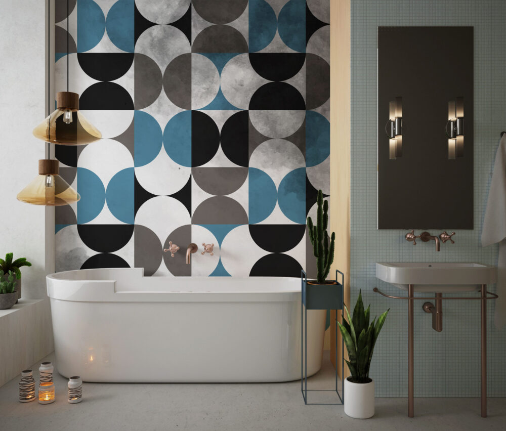 Half Circle Geometric Wallpaper : Blue Grey Black Tile Pattern