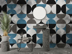 Half Circle Geometric Wallpaper : Blue Grey Black Tile Pattern - View 3