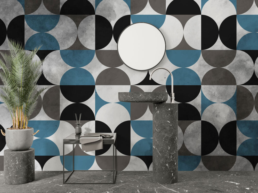 Half Circle Geometric Wallpaper : Blue Grey Black Tile Pattern - View 3
