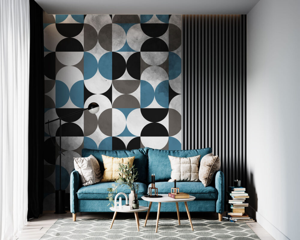 Half Circle Geometric Wallpaper : Blue Grey Black Tile Pattern - View 2