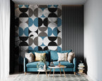 Half Circle Geometric Wallpaper : Blue Grey Black Tile Pattern - View 2