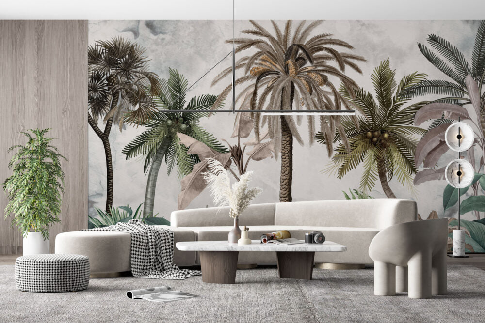 Vintage Palm Tree Wallpaper : Neutral Tropical Jungle Mural - View 3