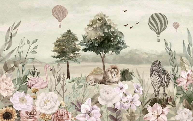 Watercolor Safari Lion Wallpaper : Savanna Animals Mural - View 2