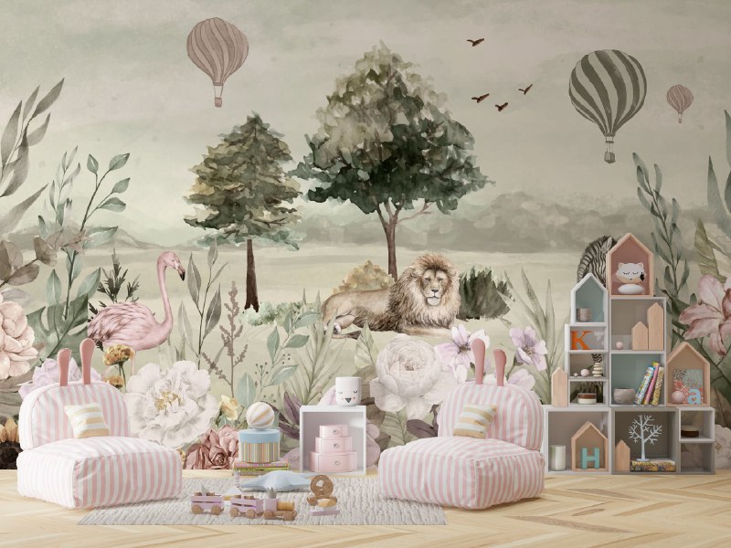 Watercolor Safari Lion Wallpaper : Savanna Animals Mural