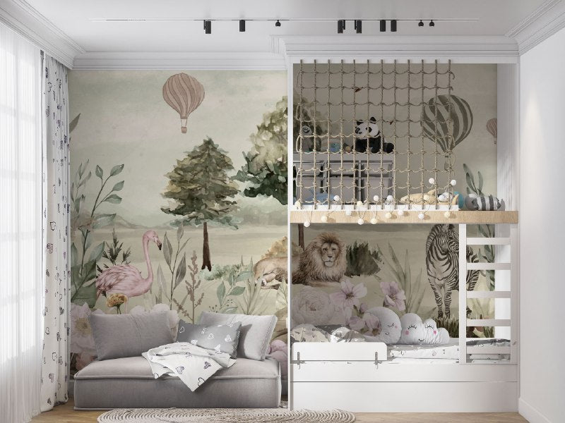 Watercolor Safari Lion Wallpaper : Savanna Animals Mural - View 3