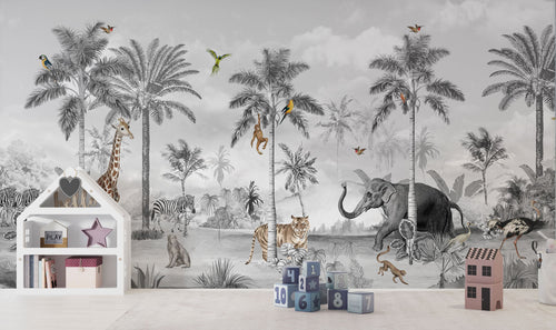 Monochrome Jungle Animals Wallpaper : Black And White Safari Mural