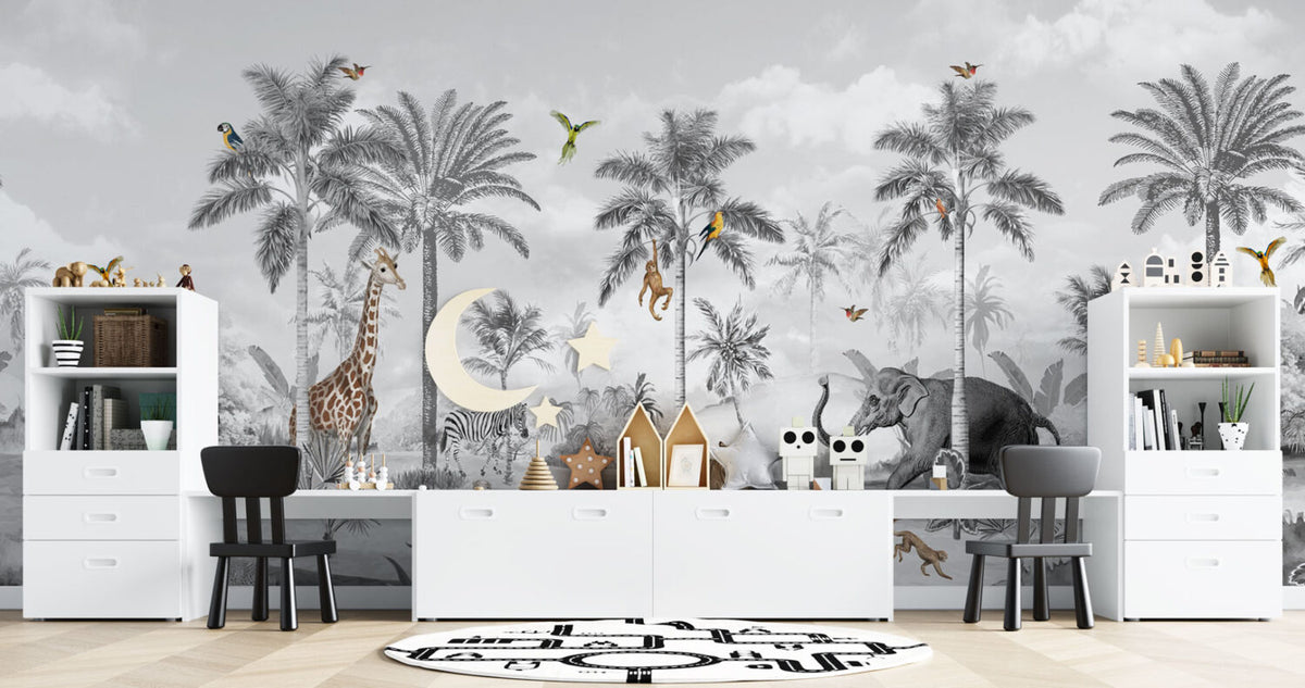 Monochrome Jungle Animals Wallpaper : Black And White Safari Mural - View 2