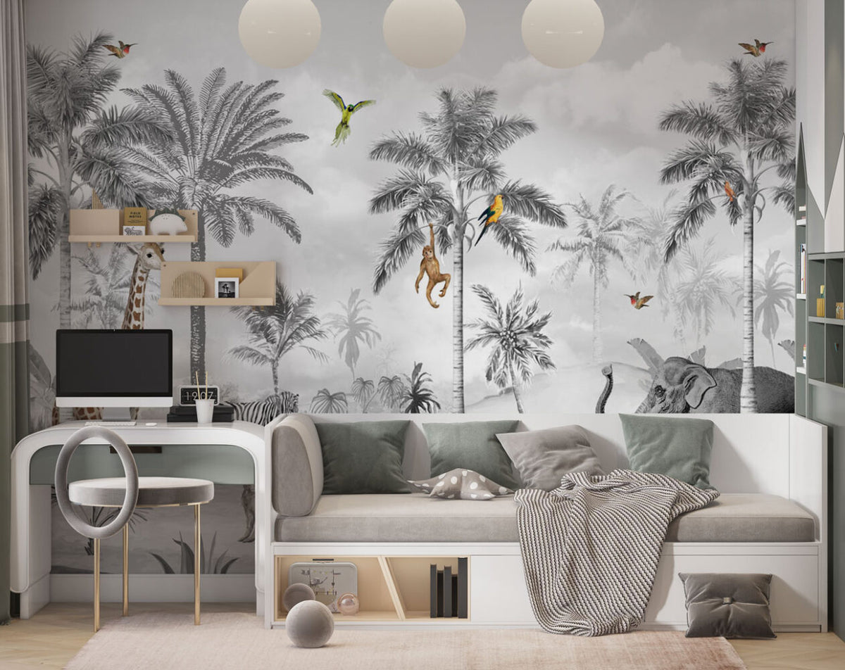 Monochrome Jungle Animals Wallpaper : Black And White Safari Mural - View 3