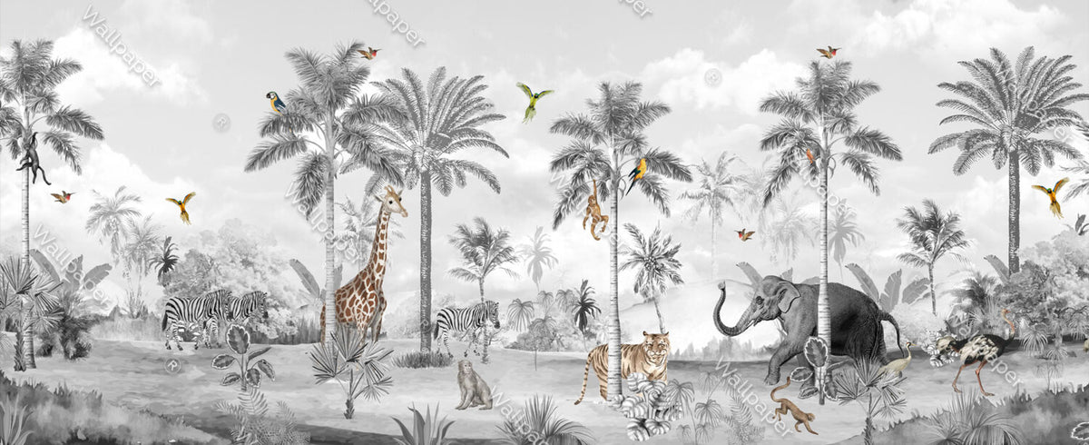 Monochrome Jungle Animals Wallpaper : Black And White Safari Mural - flat design